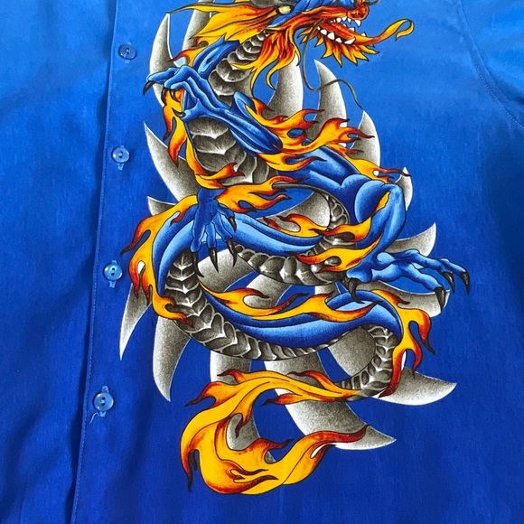 WINGO Shirt Mens Size XL Blue FIRE DRAGON Print Y2K SKATE Hawaiian VINTAGE - Picture 5 of 9